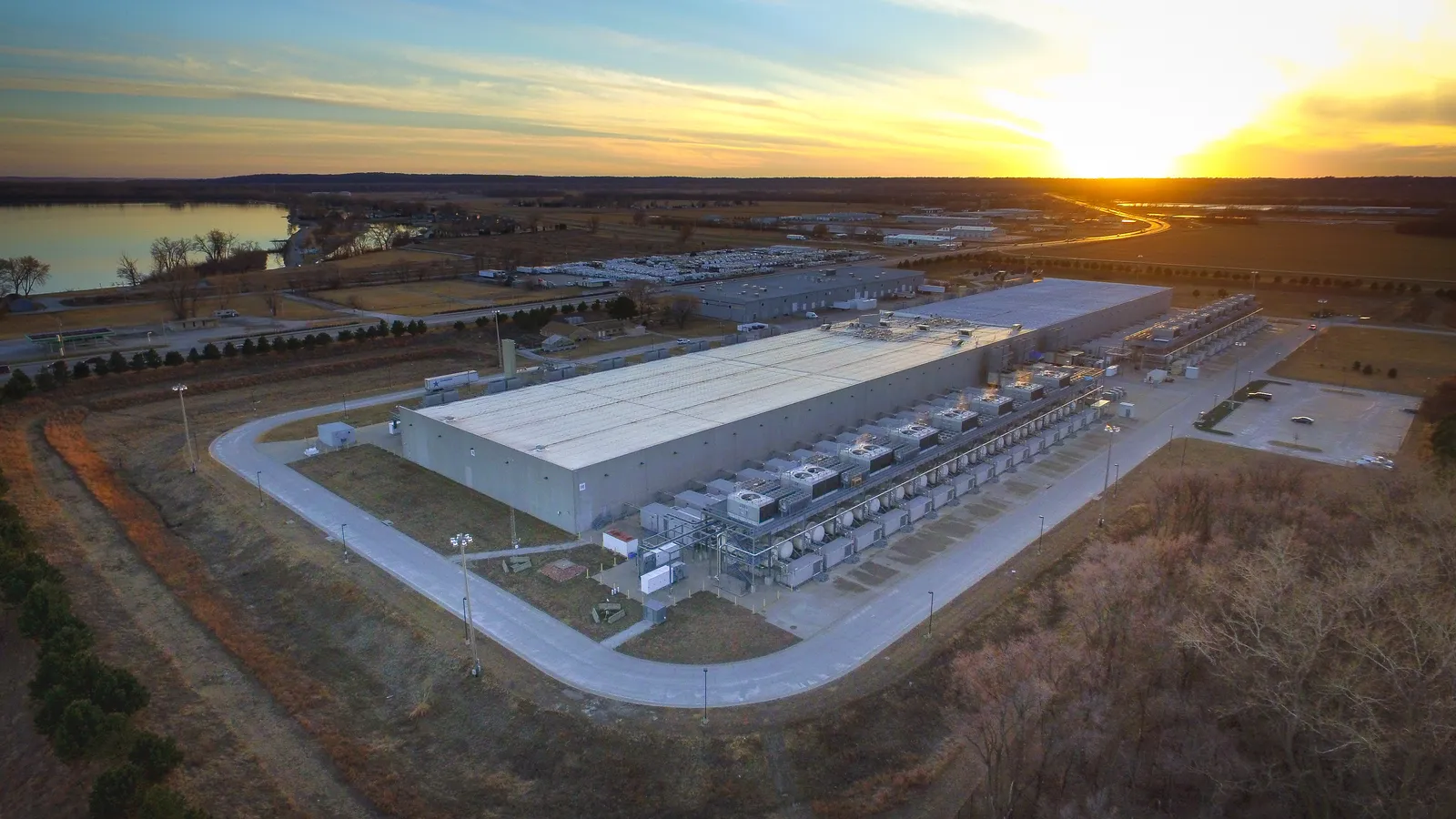Drone shot of a hyperscale data center campus