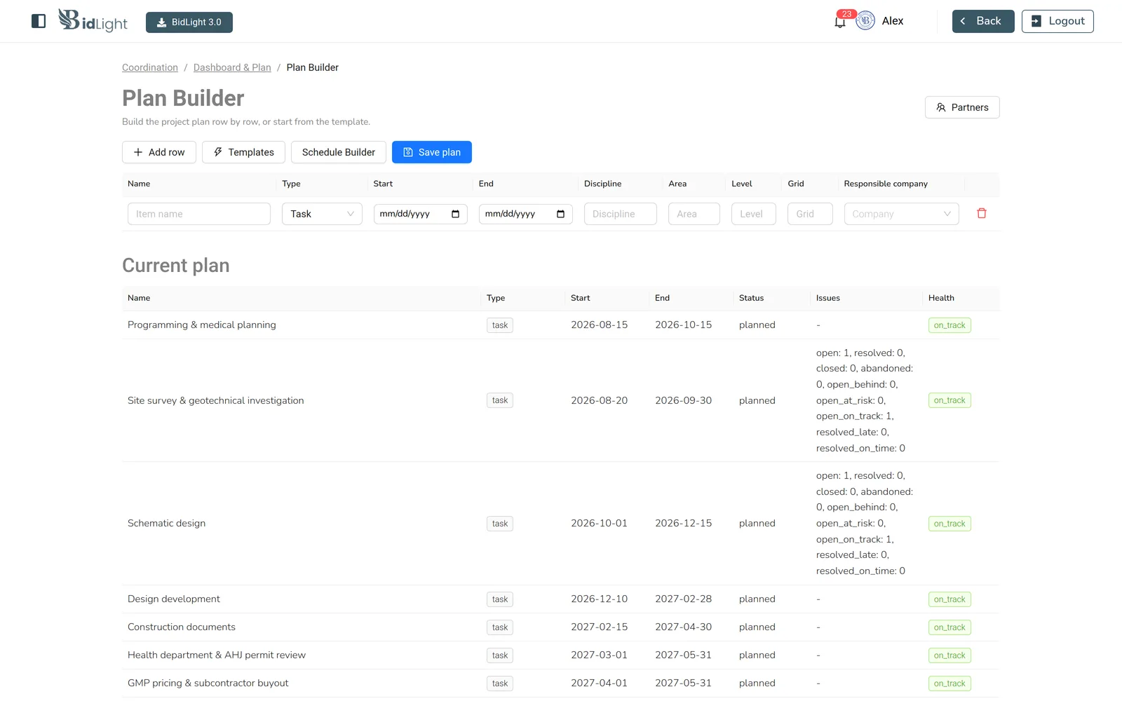 Plan builder listing project phases with per-task issue counts and health status