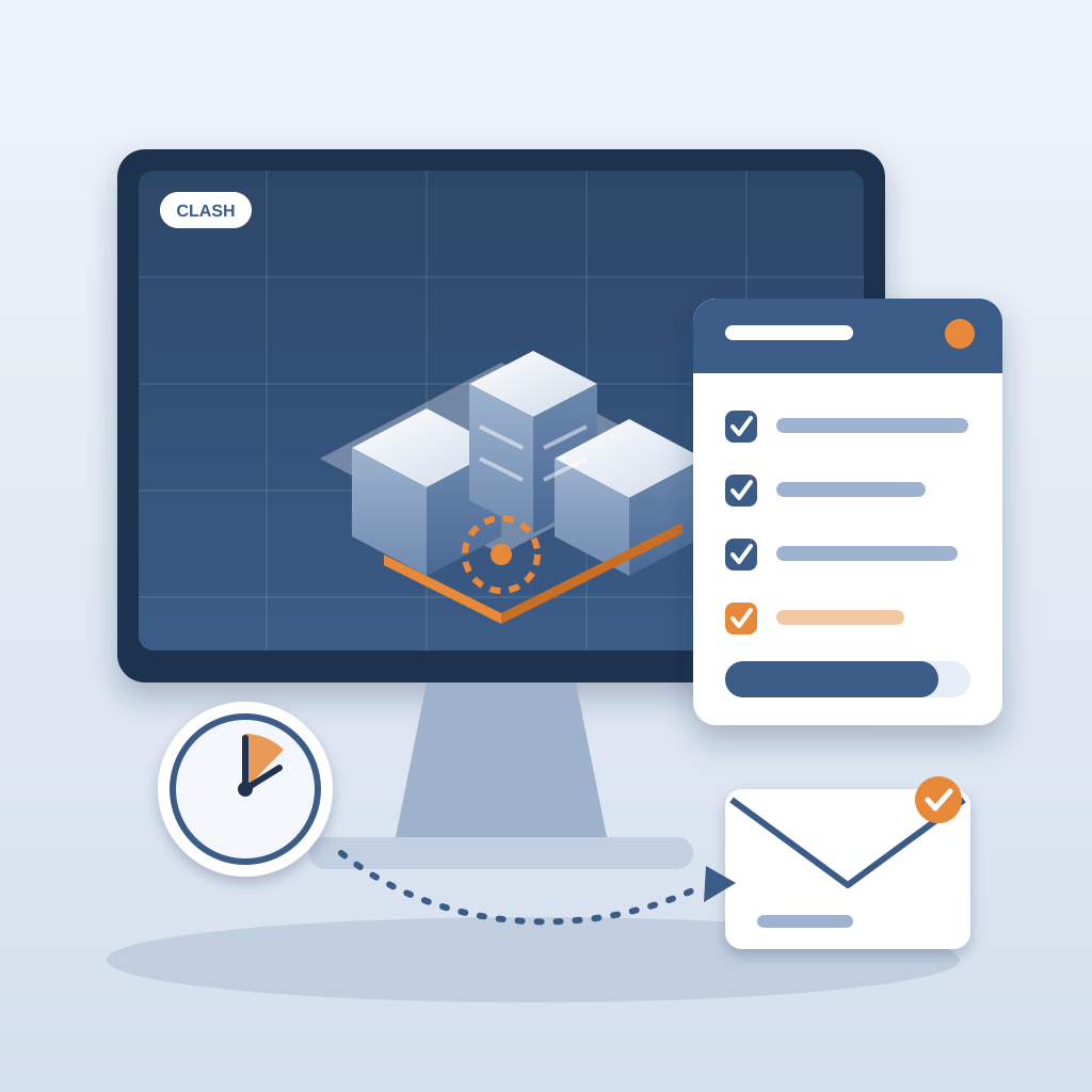An isometric building model on a monitor with a highlighted duct clash, beside a completed change-list checklist, a clock, and a sent email showing a fast chang