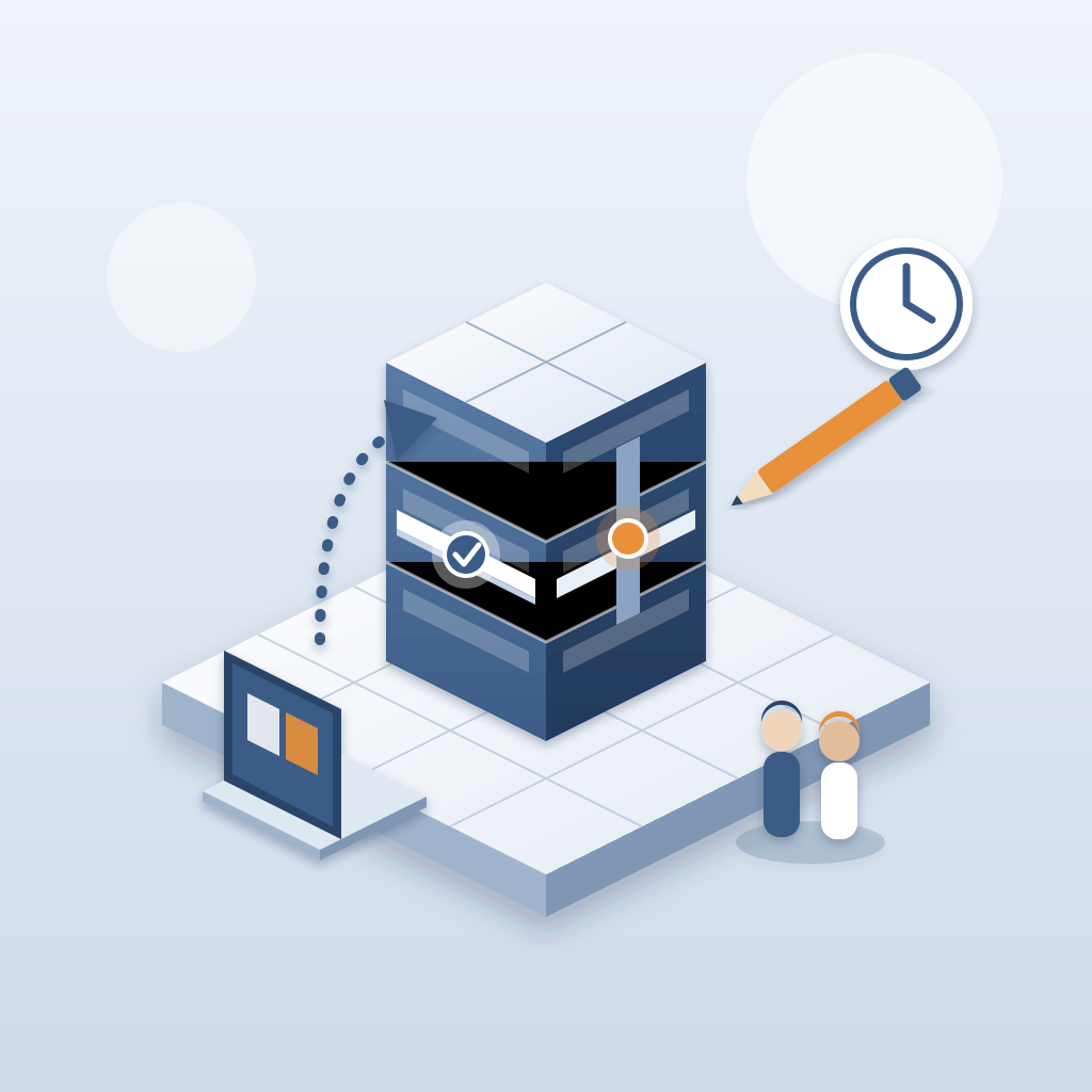Isometric BIM building model on a platform where a published model from a laptop has one orange clash marker beside a resolved checkmark, with two team members,