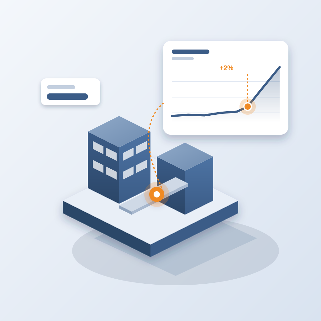 An isometric building model with an orange clash marker on a duct run, linked to a chart card where a small early uptick is flagged before the curve climbs.