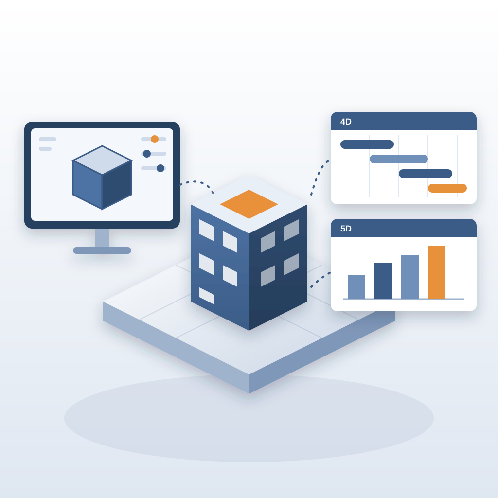 Isometric building model on a platform, flanked by a software screen with sliders on one side and 4D schedule and 5D cost panels on the other.