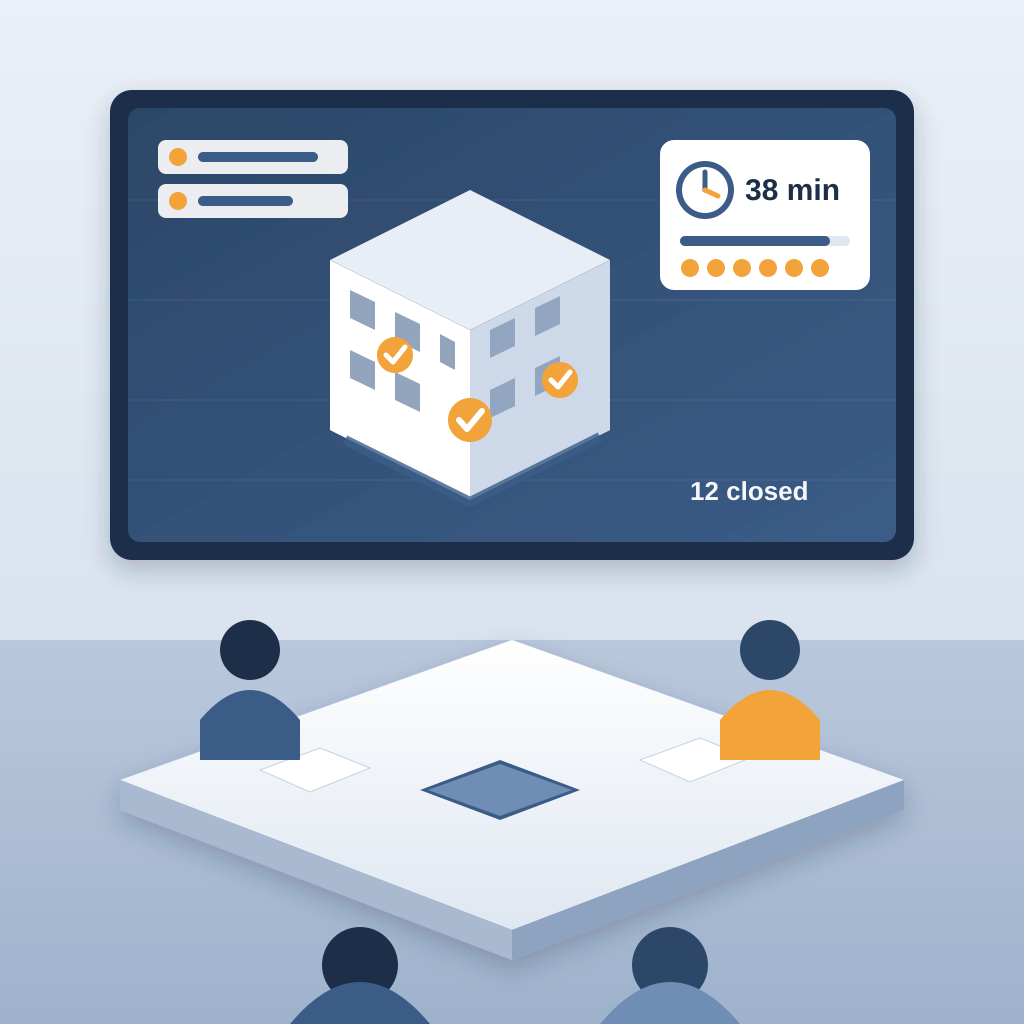 A coordination meeting room with a wall screen showing a 3D building model with resolved clash markers, a card with meeting time and closed-issue count, and peo