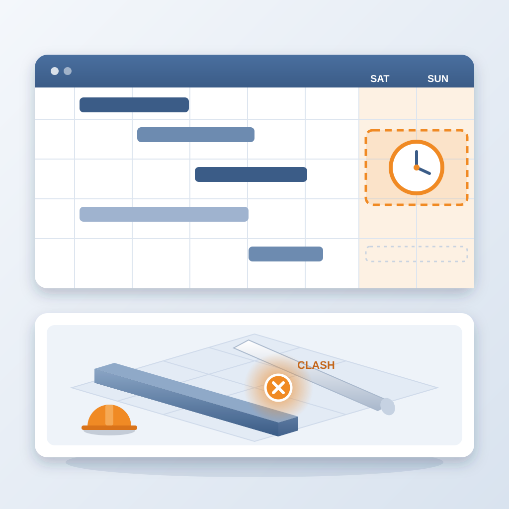 A project schedule board with empty weekend columns holding a dashed, unscheduled work block and clock, above a 3D model view where a duct and pipe clash is fla