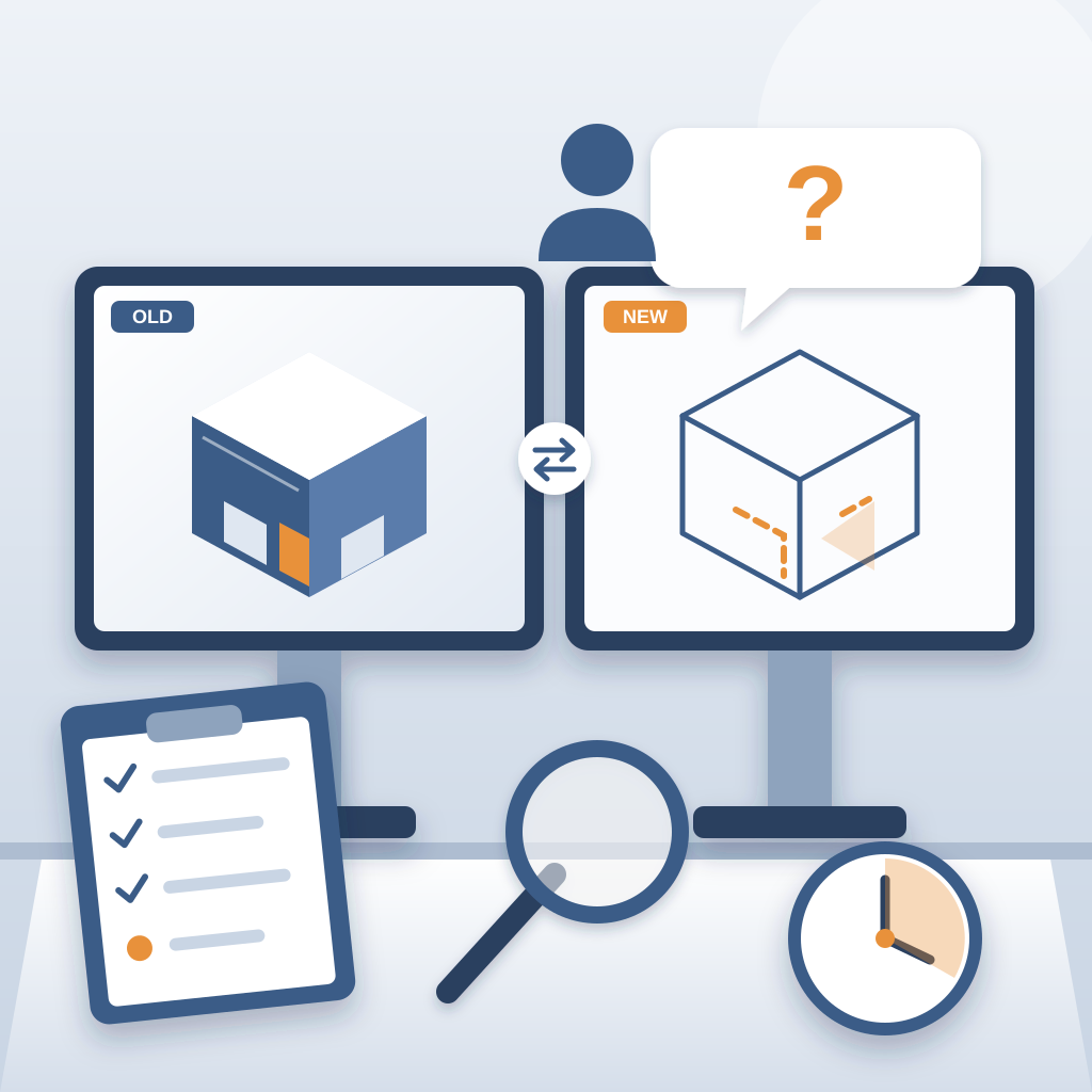 Two monitors show an old isometric building model beside a new sketch with orange change marks, with a checklist, magnifier, clock and a client's question bubbl