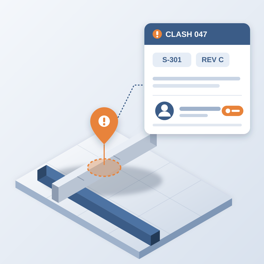 Isometric model view of a steel beam and an air duct clashing, with an orange pin on the clash linked to an issue card showing sheet, revision and an assigned o
