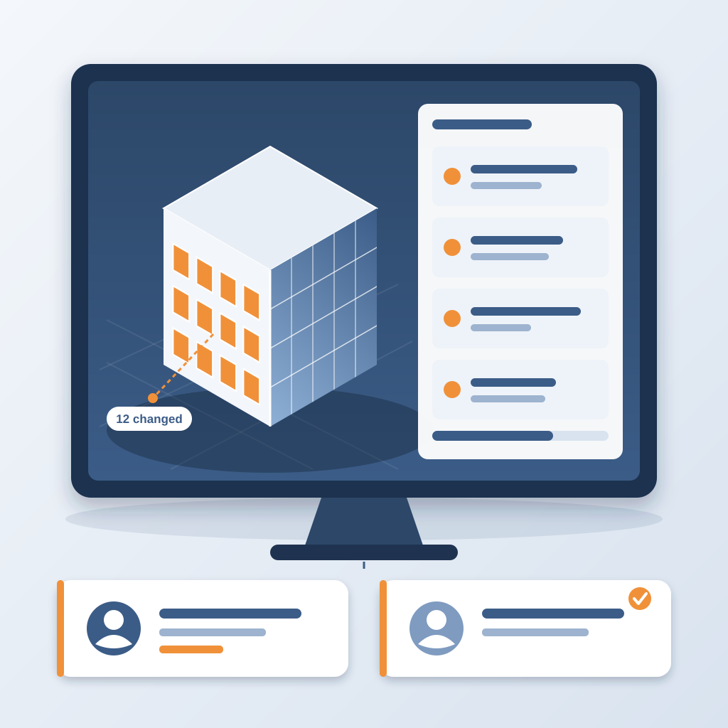 A monitor shows a 3D building model whose facade has new punched windows highlighted in orange next to the old glass curtain wall, with a change list beside it 