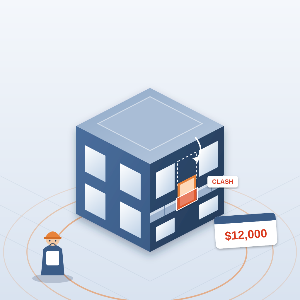 Isometric building model with one window shifted down into a ventilation duct, flagged as a clash, ripple rings spreading outward, a hard-hatted coordinator arr