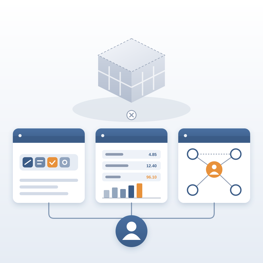 An estimator at the bottom is connected to three cards — a personal toolbar, a unit price list with a bar chart, and a vendor network — while the grey building 