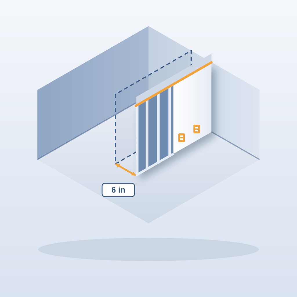 Isometric room model with a partition wall shown shifted 6 inches from its dashed original position, with exposed studs, highlighted outlets and ceiling line af