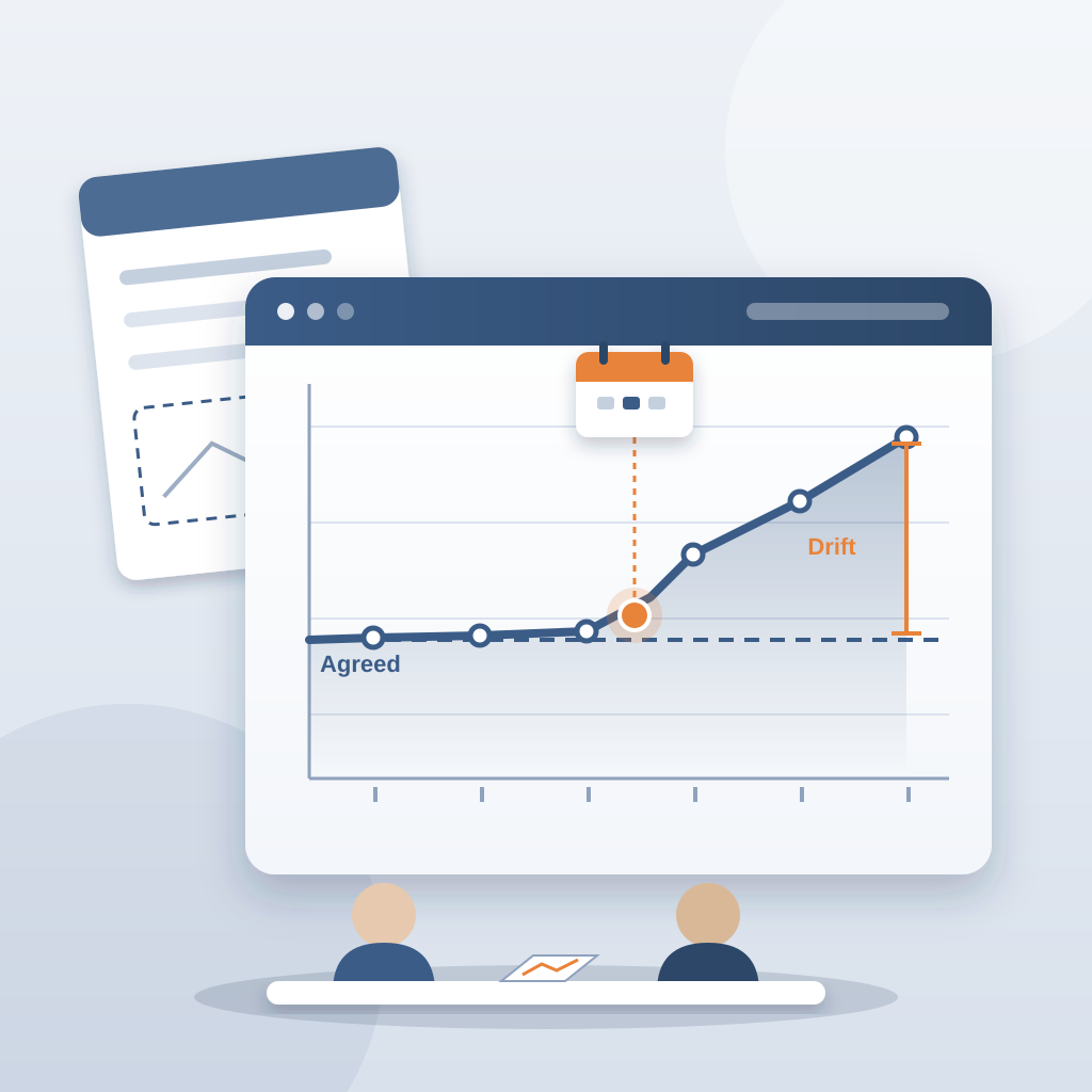 A dashboard card shows a line chart drifting above a dashed agreed-scope baseline, with a calendar pin marking when it began, while two colleagues sit at a tabl
