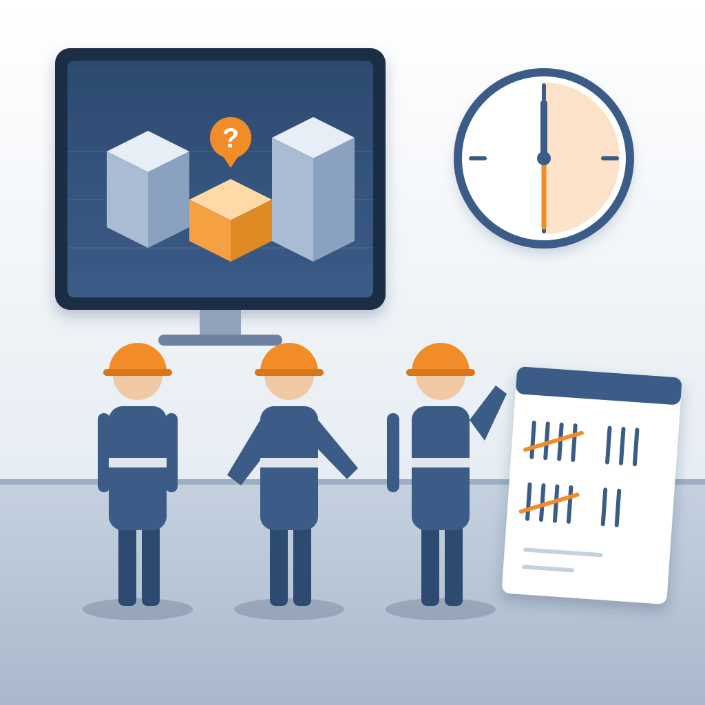Three idle construction workers in hard hats stand waiting beneath a monitor showing a 3D building model with a highlighted question block, beside a clock at ha