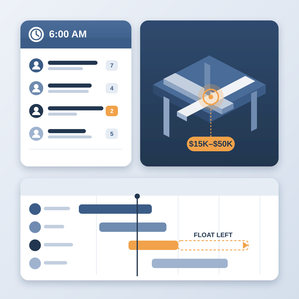A 6am digest card listing each owner's open items beside a 3D model view with a highlighted duct clash tagged $15K–$50K, above a project schedule showing one la