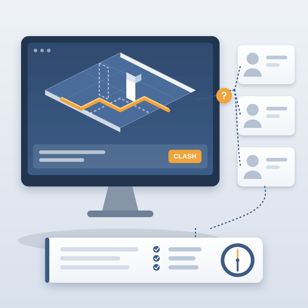 A model view on a monitor shows a wall moved and an orange duct rerouted, with a question mark where the link to the three people who must act should be, above 