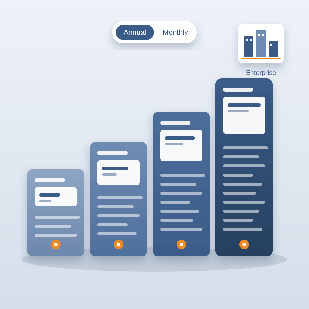 Four ascending pricing cards with licence key badges and an annual/monthly toggle, beside a small building-blocks card for custom Enterprise plans.