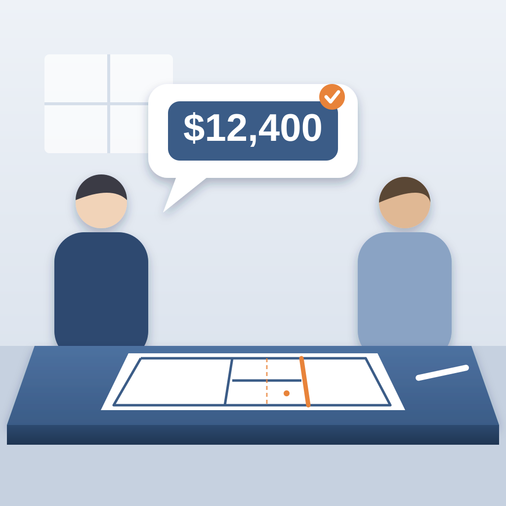 Two people across a meeting table with a floor plan between them, a moved wall highlighted in orange, and a speech bubble stating a confident dollar figure with