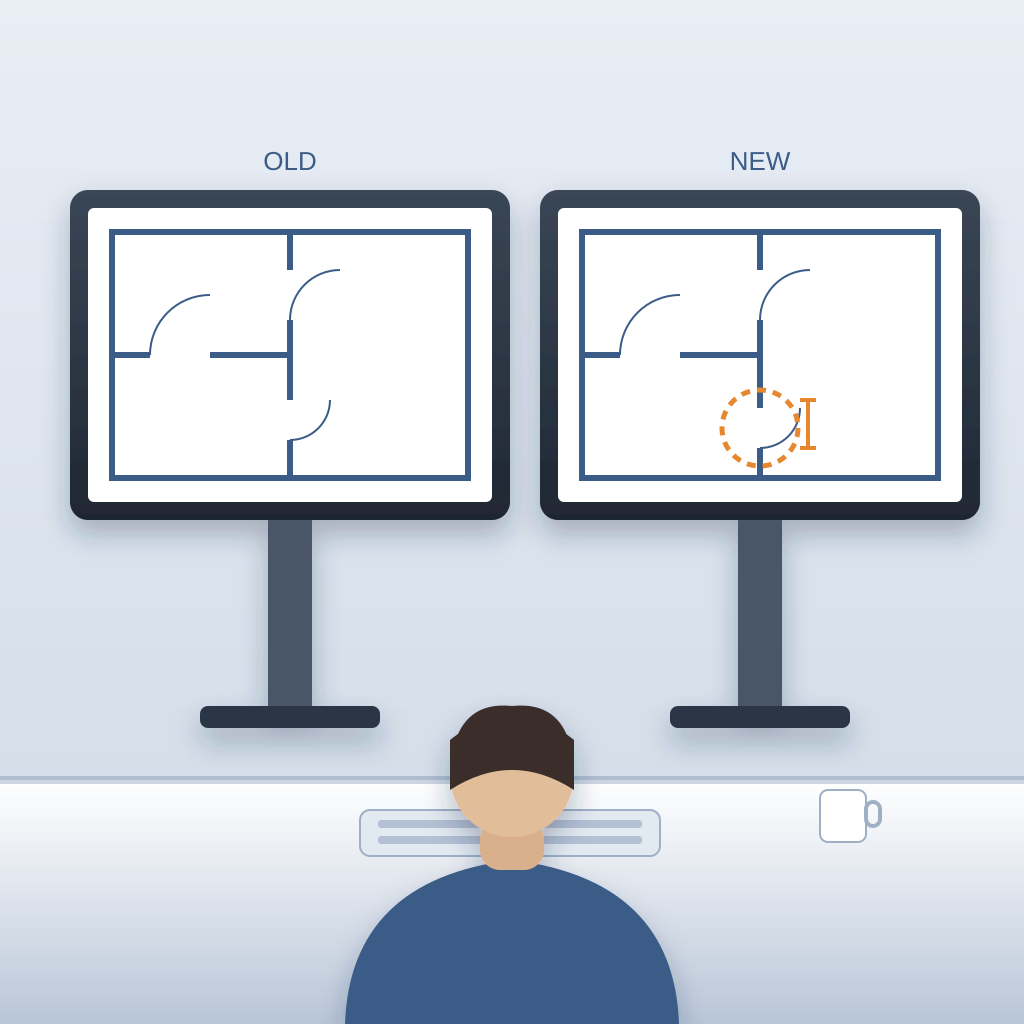 A junior estimator seen from behind compares two monitors showing nearly identical floor plans, with a small shifted door on the new one circled in orange.
