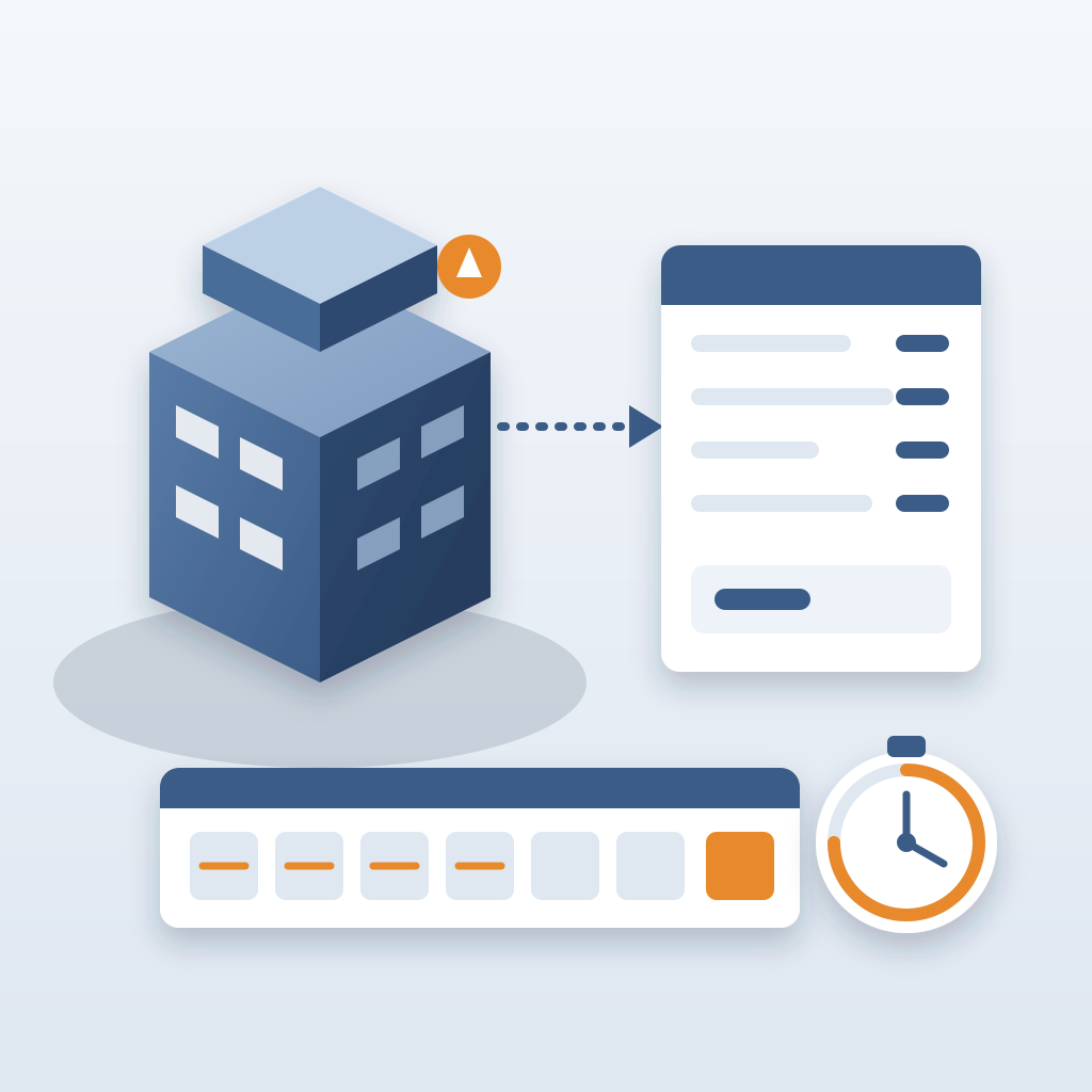An isometric building model with a flagged design change points to a cost takeoff sheet, below which a row of calendar days and a stopwatch show the estimate ta