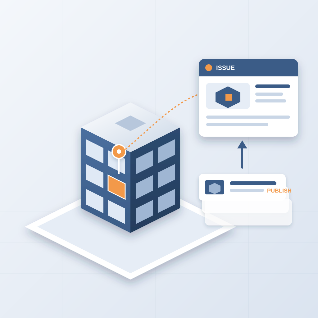 Isometric Revit building model with one swapped window flagged by an orange pin, linked to an issue card and a stack of published model versions.