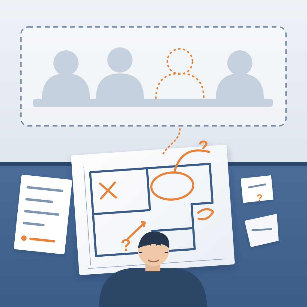 An estimator at a desk faces a marked-up floor plan, a scrap list of verbal changes and torn question-mark notes, while a dashed outline of an empty seat in the