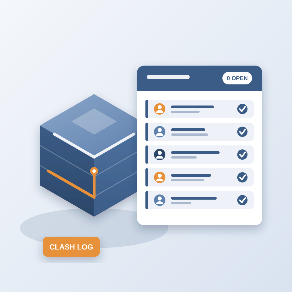 An isometric building model beside a clean coordination register card where every clash item has a named owner and a check mark, with zero open items.