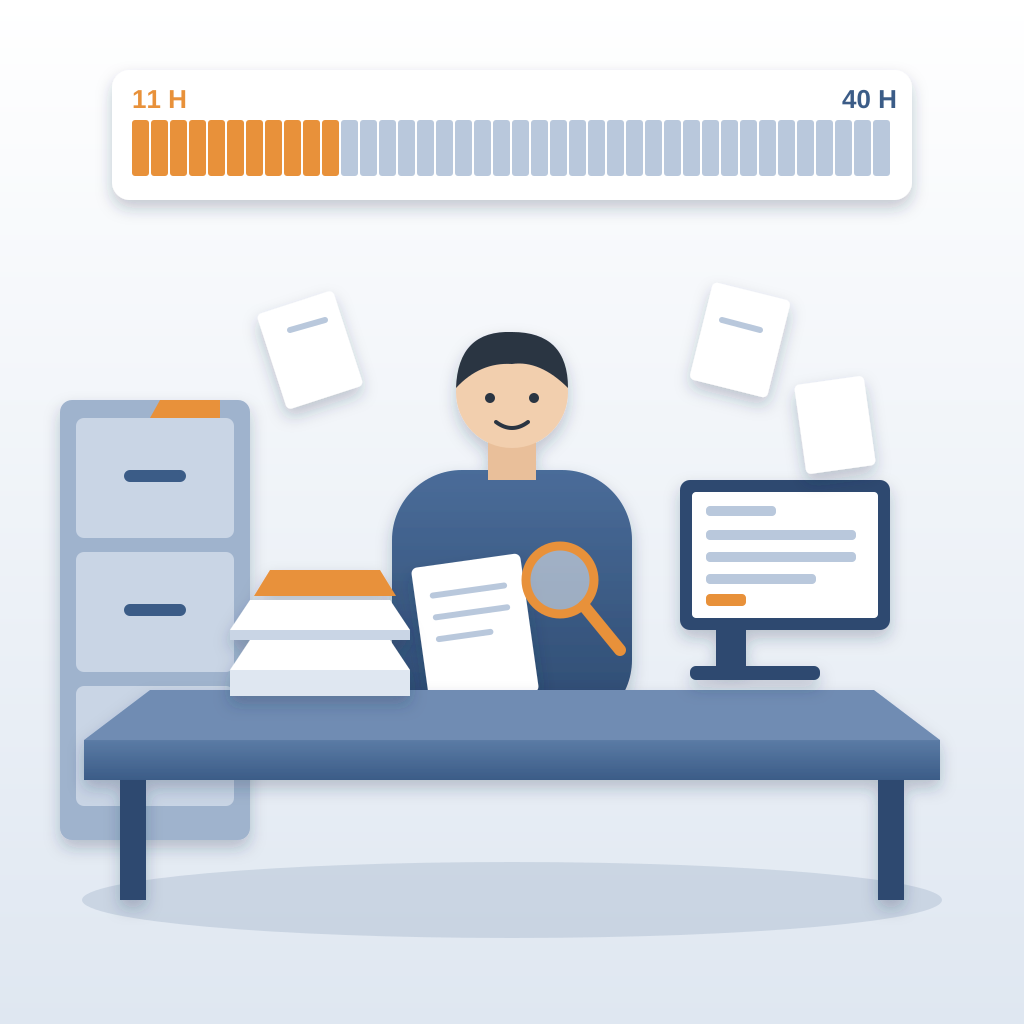 An estimator at a desk piled with folders and papers searches a document with a magnifier, above a bar showing 11 of 40 weekly hours highlighted in orange.