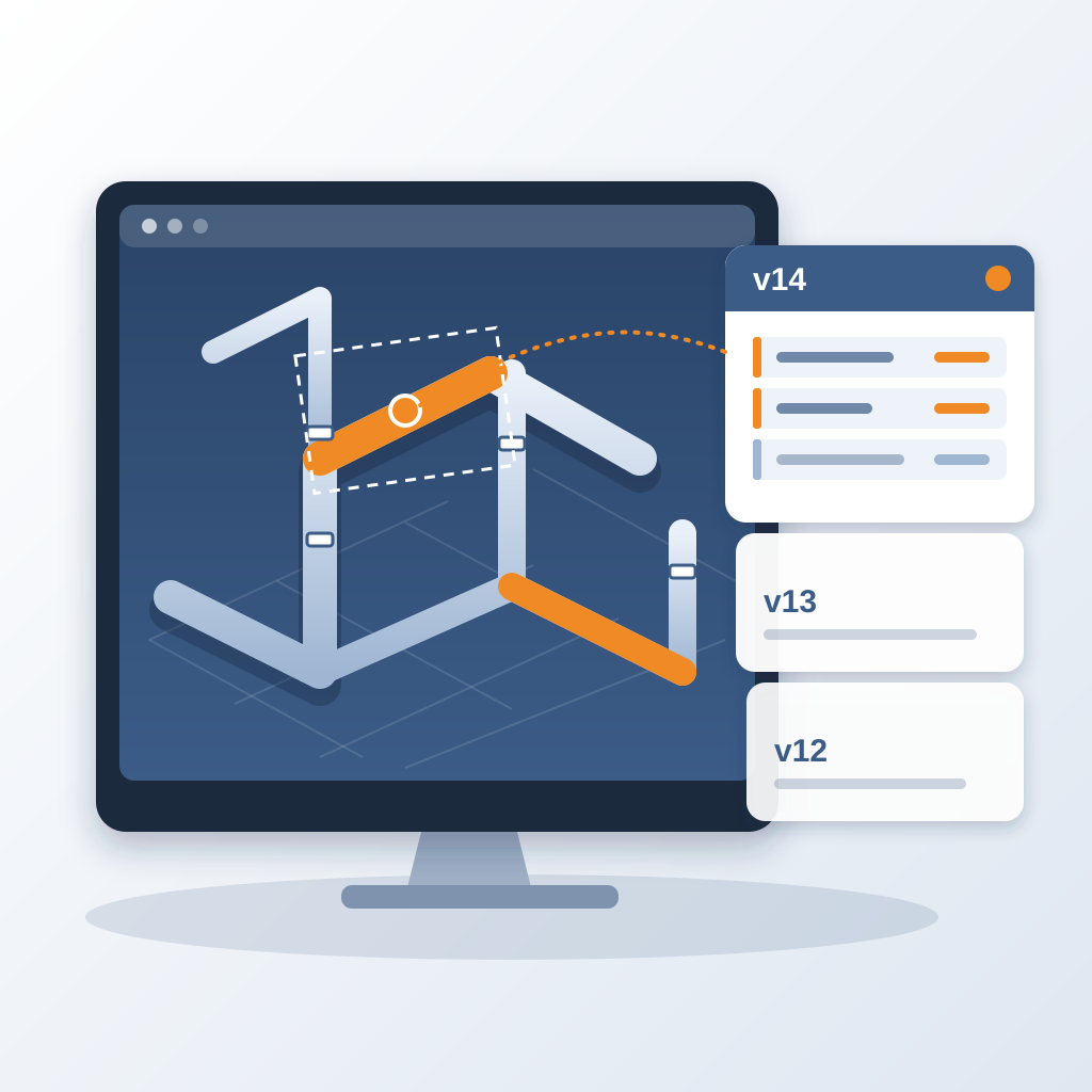 A 3D pipe model on a monitor with changed pipe runs highlighted in orange, linked to a stack of versioned cards (v14, v13, v12) listing element-by-element diffe