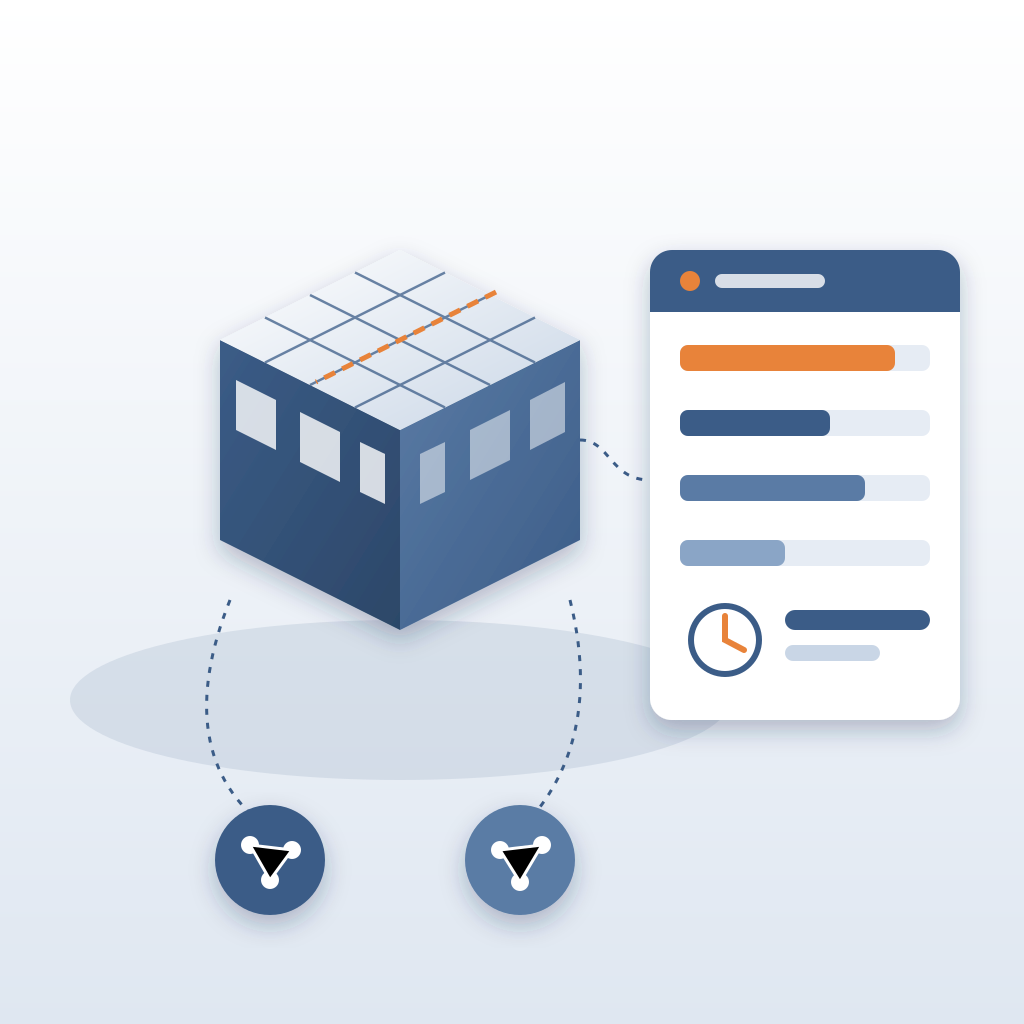 Isometric building model with a shifted ceiling grid highlighted in orange, linked to a cost dashboard of bars and a clock, with two AI nodes reading the geomet