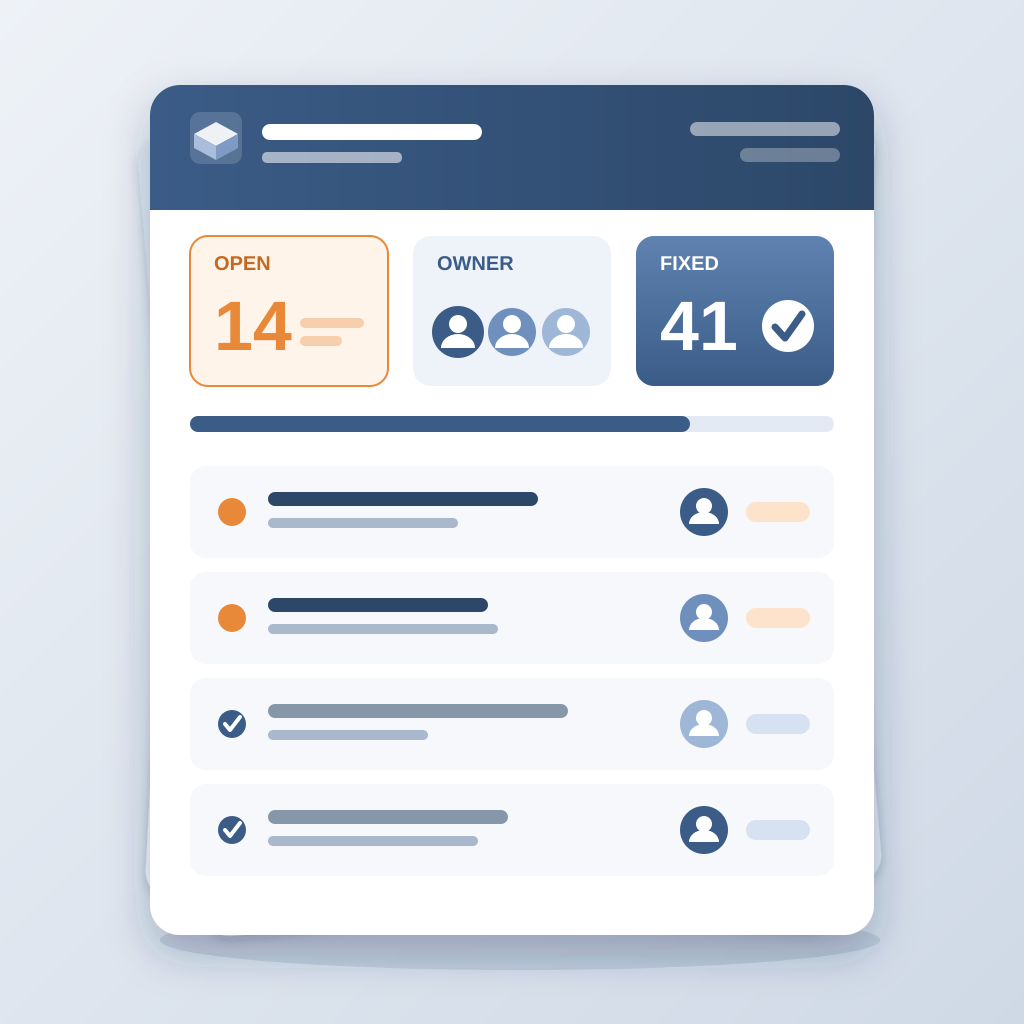 A clean project coordination report card with Open, Owner and Fixed summary tiles, a progress bar and rows of issues each with a status dot, assigned owner avat