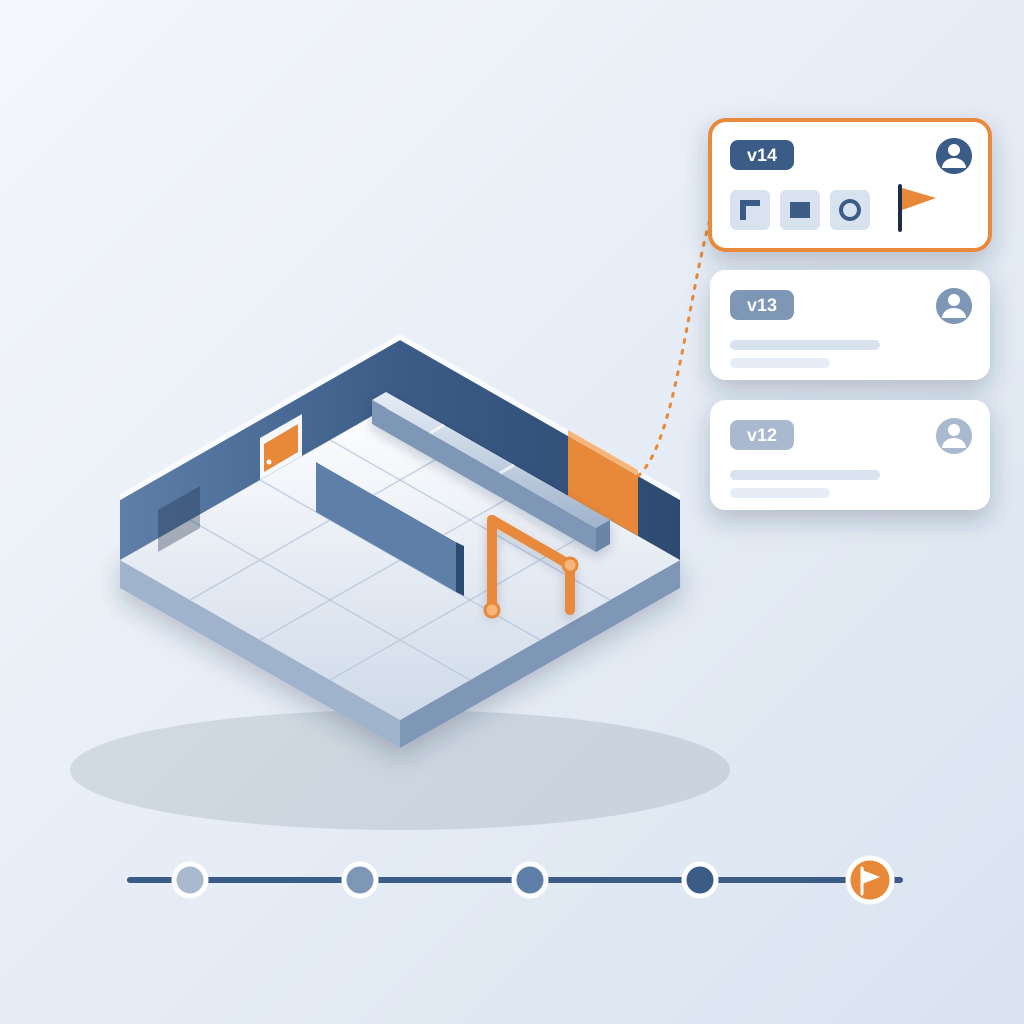 Isometric Revit-style building floor with a changed wall, door and pipe highlighted in orange, beside stacked version cards v12–v14 with author avatars and a mi