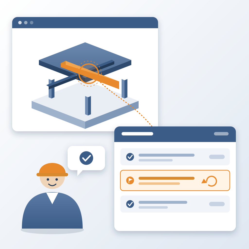 A 3D building model with an orange duct clashing with a steel beam, linked to a flagged, reversible item on a change-list card while a hard-hatted owner acknowl