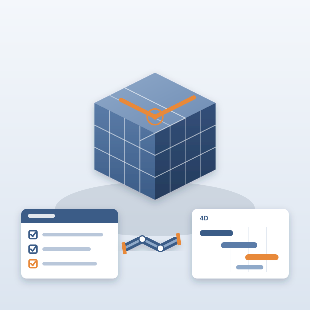 Isometric building model with an orange duct run and clash marker, flanked by a checklist card, a 4D schedule bar chart and a fabricated pipe spool.