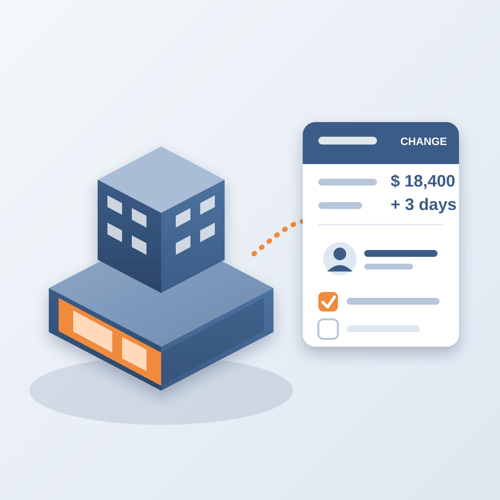 An isometric building model with its lobby highlighted in orange, linked by an arrow to a change-order card showing a cost, a schedule impact, an assigned owner