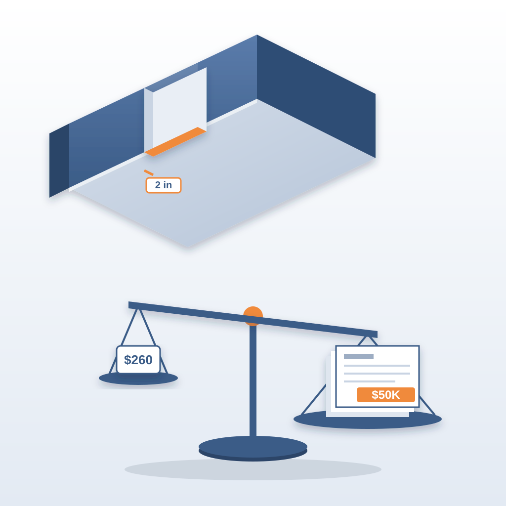 An isometric corridor with one wall section shifted two inches, above a scale where a small $260 licence tag is outweighed by a large $50K invoice.