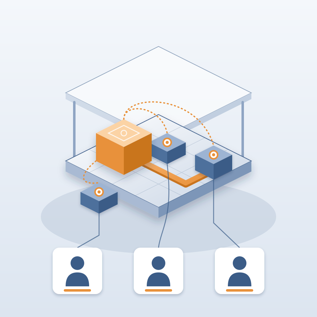 Isometric building model with a highlighted orange mechanical room linked by dotted lines to three affected elements, each connected to one of three owner cards