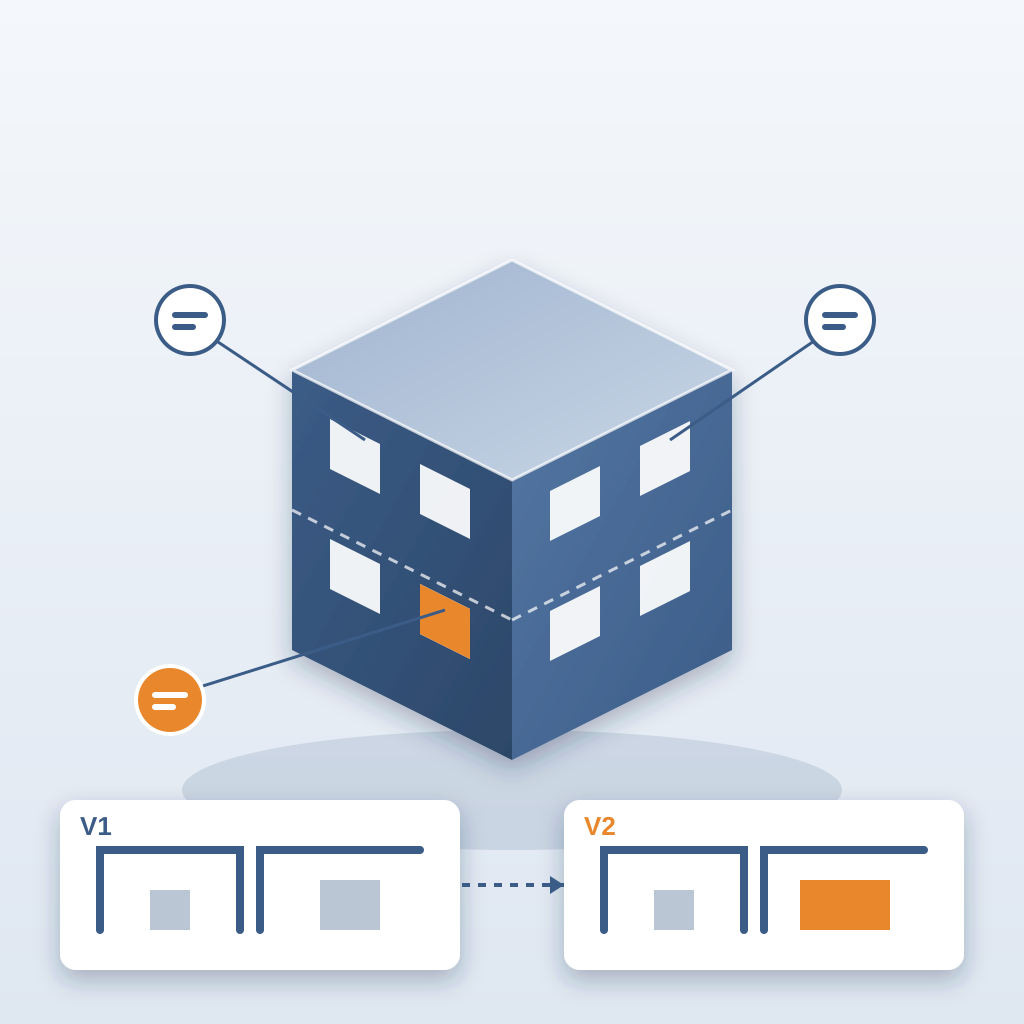 Isometric Revit-style building model with tagged windows and level lines, one changed window highlighted in orange, above two floor-plan cards labeled V1 and V2