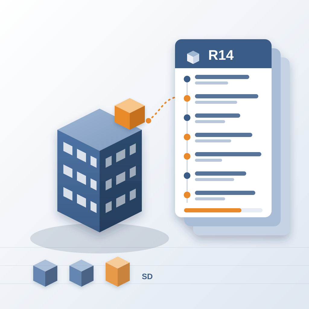 An isometric building model with a new orange wing linked to a stacked revision-record card listing fourteen versions, several marked as changes.