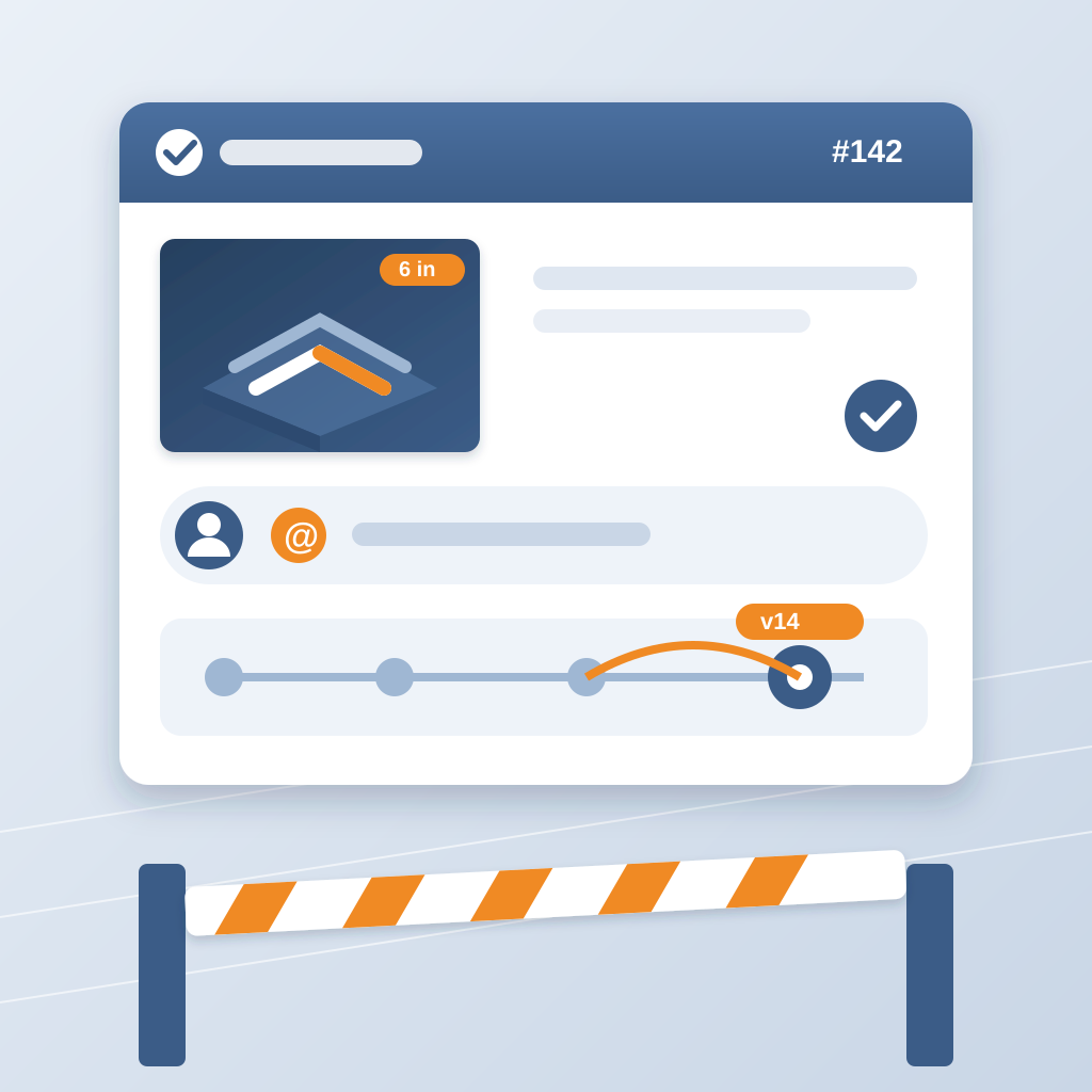 An issue card with a model screenshot, a tagged user and a linked commit, closed by a checkmark above a striped gate barrier.