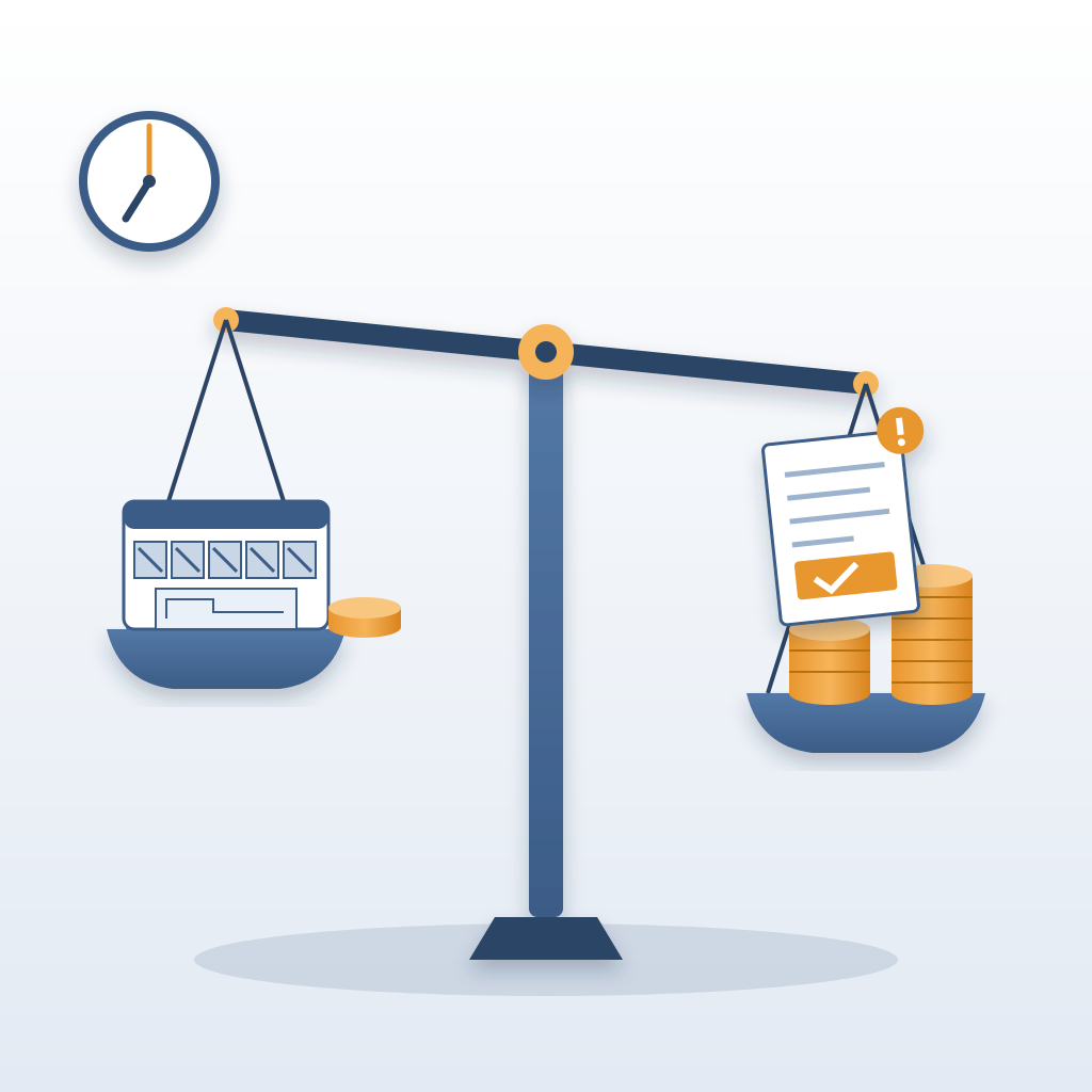 A balance scale weighs a week of manual takeoff on a calendar against a larger stack of coins and a late changed estimate marked with a warning, with a clock sh