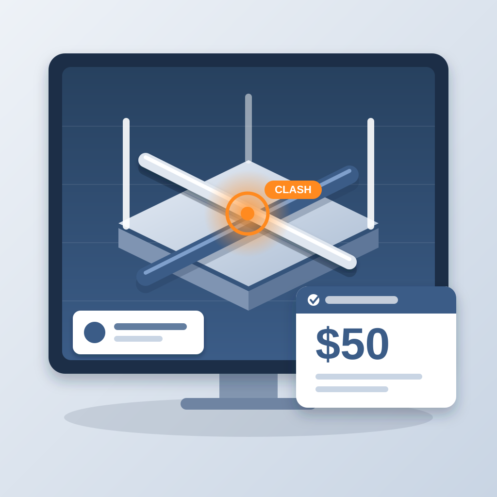 A BIM model view on a monitor shows a blue duct crossing a steel beam with an orange clash marker, beside a card reading $50 with a checkmark.