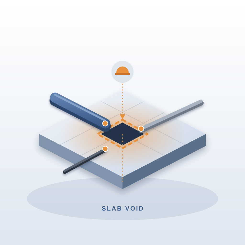 Isometric floor slab with an opening where a blue duct, a grey pipe and a dark conduit converge, marked with an orange dashed outline and a hard hat above it.