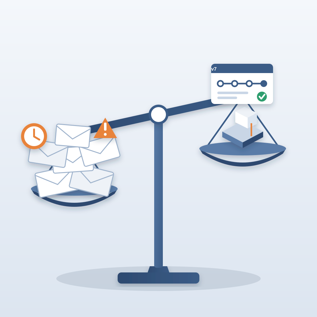 A balance scale tipped by a heavy pile of emails with a warning sign and clock on one side, against a light versioned project record card and building model on 