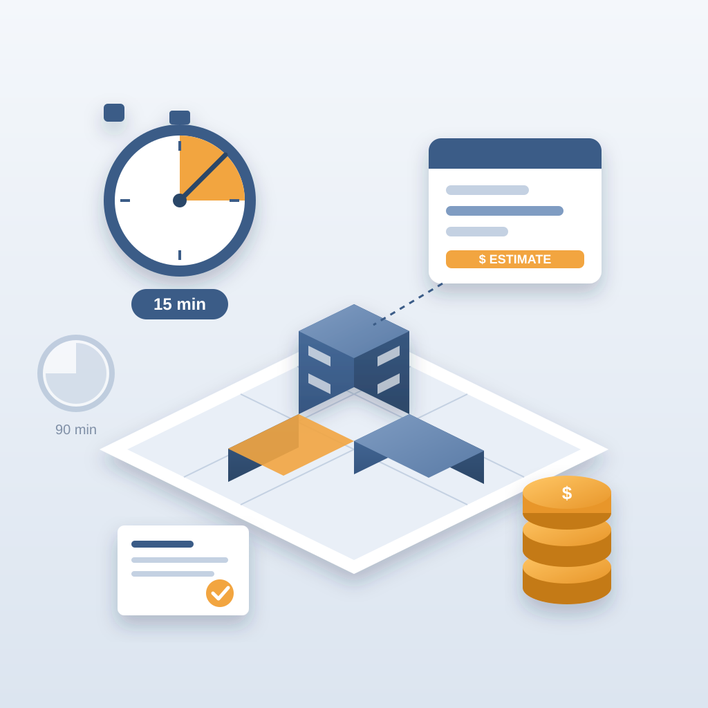 An isometric BIM building model with a floating cost estimate card, a stopwatch marking 15 minutes beside a faded 90-minute clock, an invoice and a stack of coi