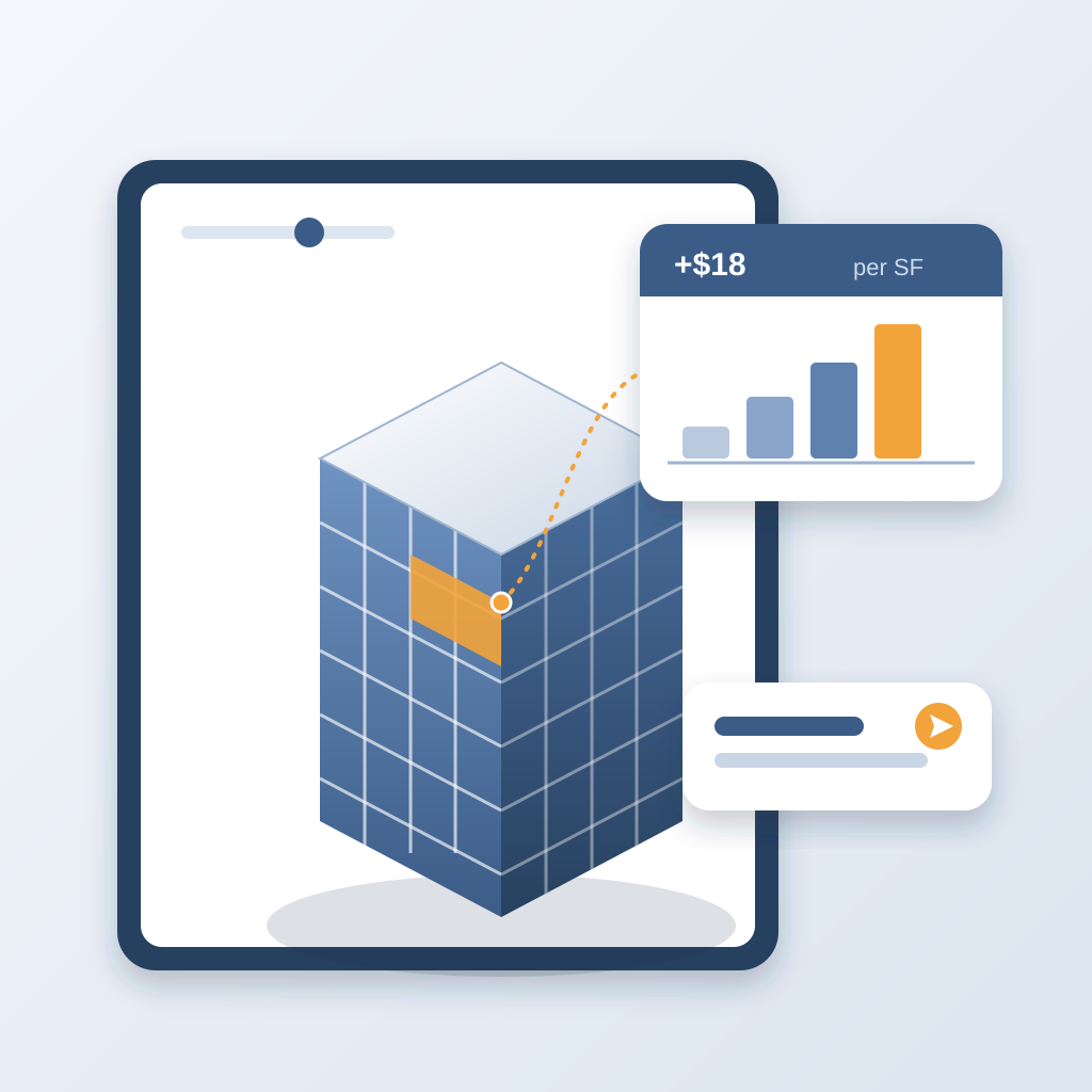 Isometric glass curtain-wall tower model on a tablet with a few highlighted panels linked to a floating price card showing +$18 per SF and a rising bar chart, p
