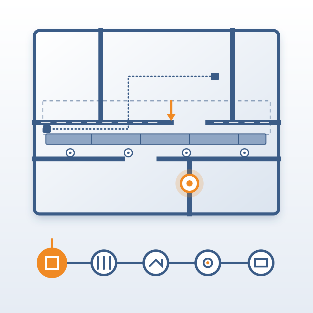 Top-down floor plan with a shifted corridor wall, with ductwork, electrical run, sprinkler heads and a plumbing stack in conflict, linked below by a chain of tr