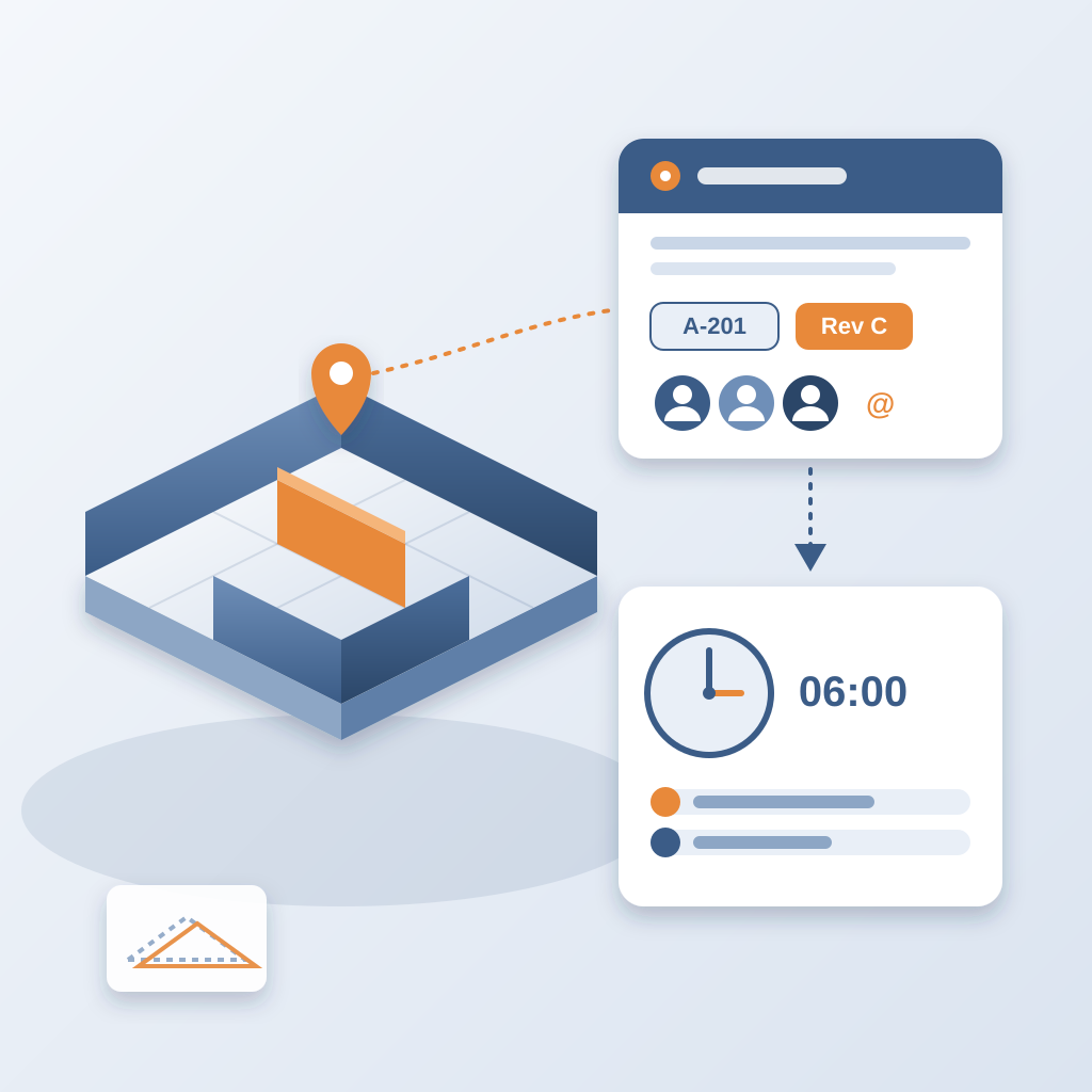 An isometric building model with one wall highlighted in orange and pinned to an issue card showing a sheet and revision, tagged owners, and a 6:00 morning dige