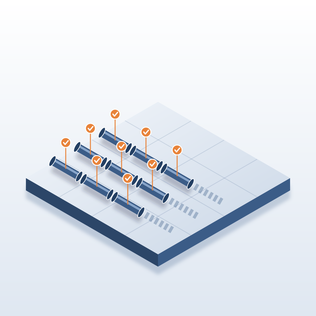 Isometric model view of three parallel pipe runs cut into matching flanged spools, each marked with an orange check tag, with dashed spools extending the run on