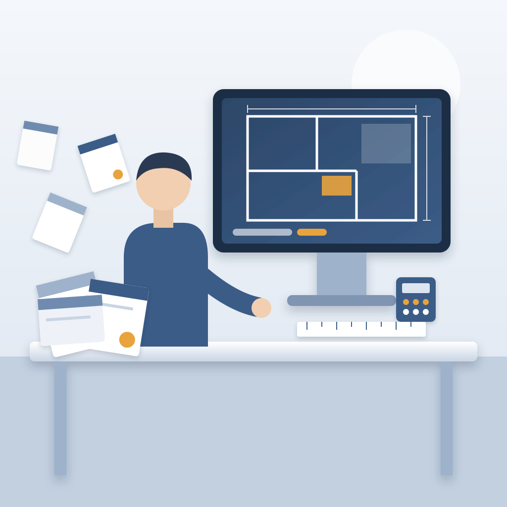 An estimator at a desk works on a clean floor plan takeoff on a monitor, while a pile of stray PDF files and folders is pushed off to the side.