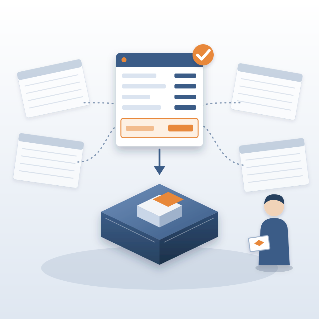 A single glowing cost record sheet with an orange total row and check badge sits above an isometric building model, while faded duplicate spreadsheets fade at t