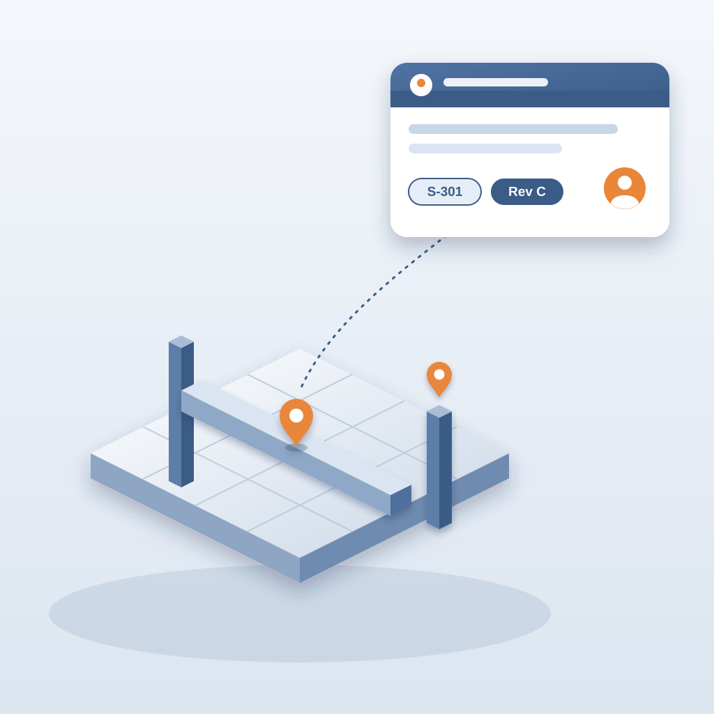 A 3D building model with an orange pin stuck on a duct and a column, linked by a dotted line to an issue card showing a sheet number, a revision tag and an assi